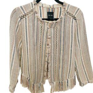 Nick & Zoe Fringe Hem Open-Knit Jacket – Neutral Stripes, Size Small